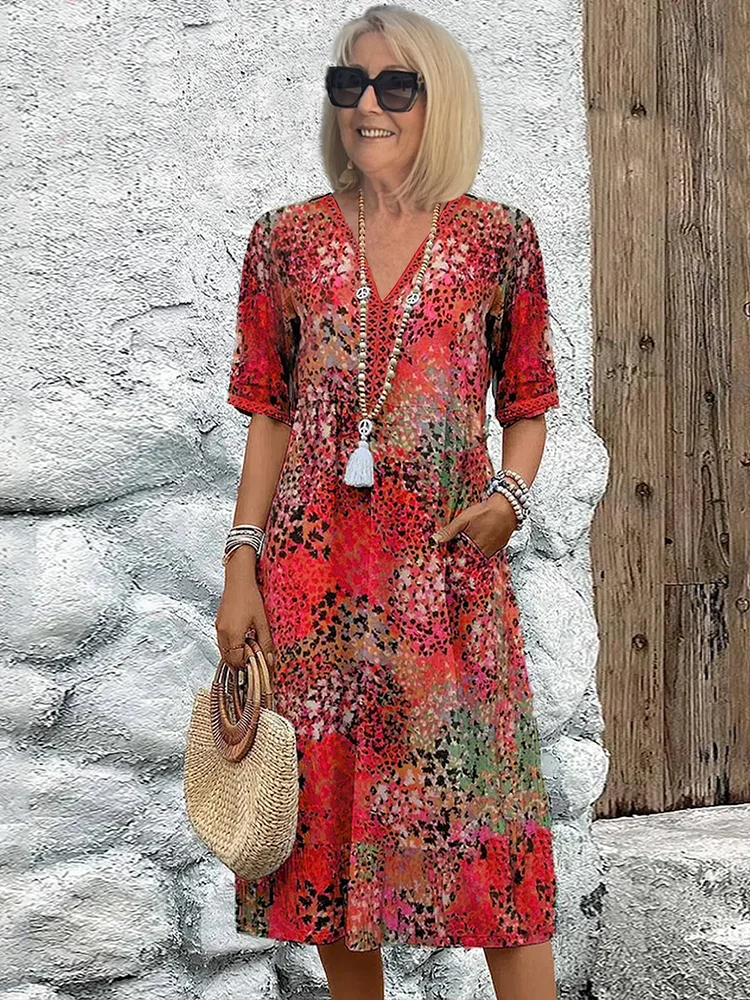 Women's Printed Midi Dress Cotton Blend