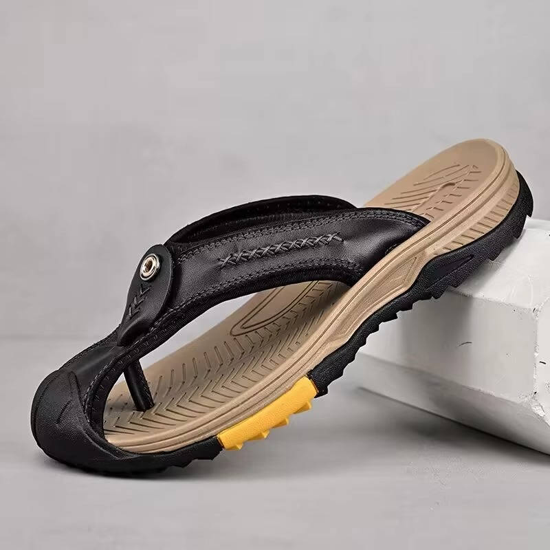 Men's Flip Flops Closed Toe Water Resistant Leather Sandals Non Slip Rubber Sole