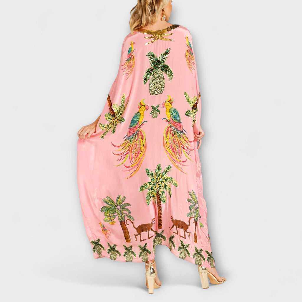 Women’s asymmetrical shoulder tropical print dress — loose fit vacation apparel