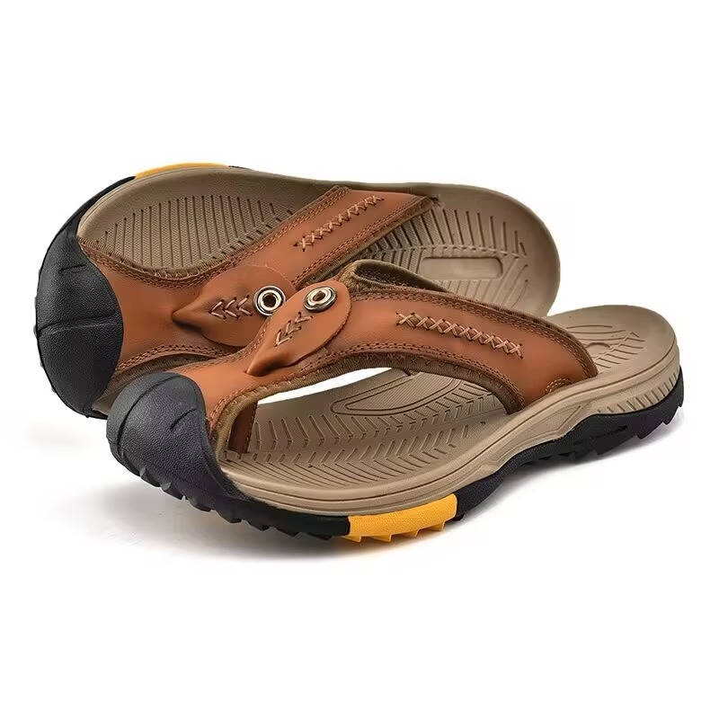Men's Flip Flops Closed Toe Water Resistant Leather Sandals Non Slip Rubber Sole
