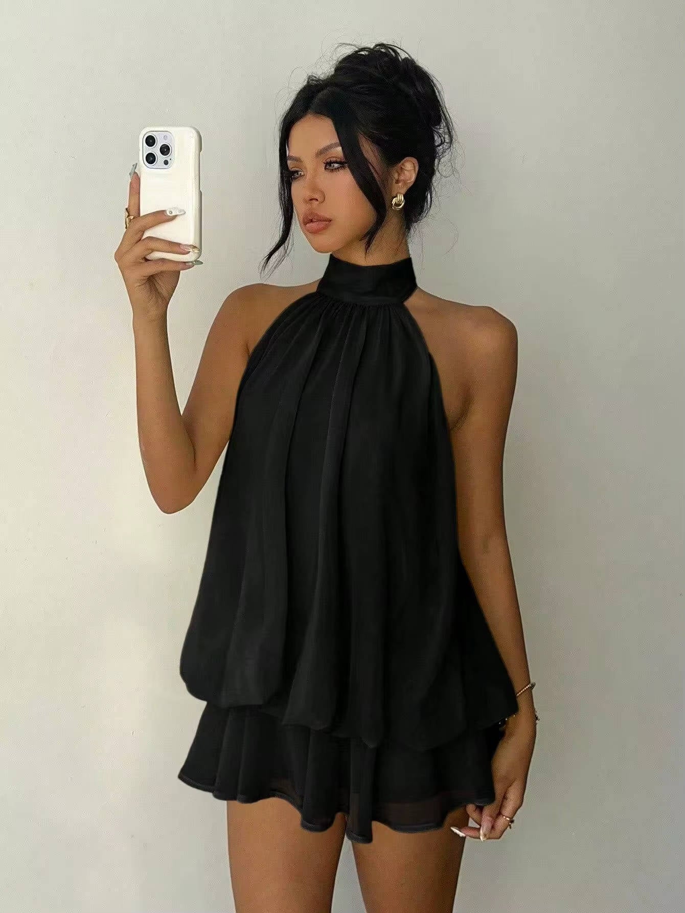 Sleeveless Chiffon Halter Mini Dress with Layered Ruffle Hem and Open Back