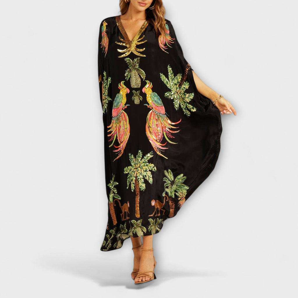 Women’s asymmetrical shoulder tropical print dress — loose fit vacation apparel