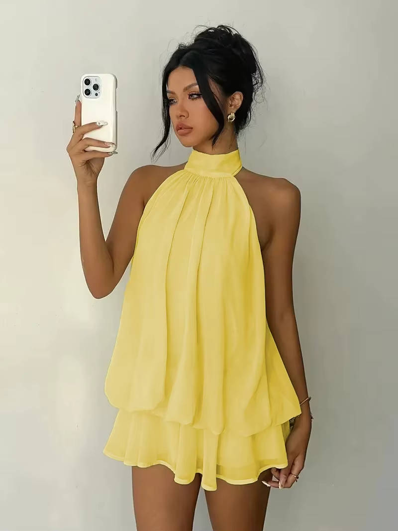 Sleeveless Chiffon Halter Mini Dress with Layered Ruffle Hem and Open Back