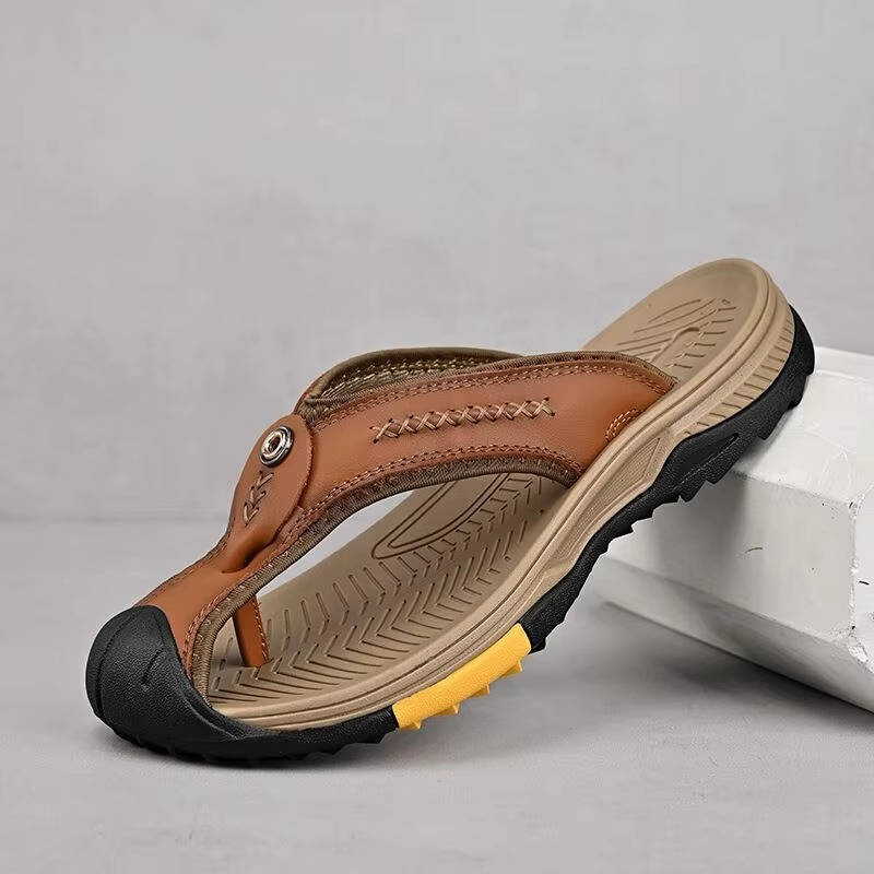 Men's Flip Flops Closed Toe Water Resistant Leather Sandals Non Slip Rubber Sole