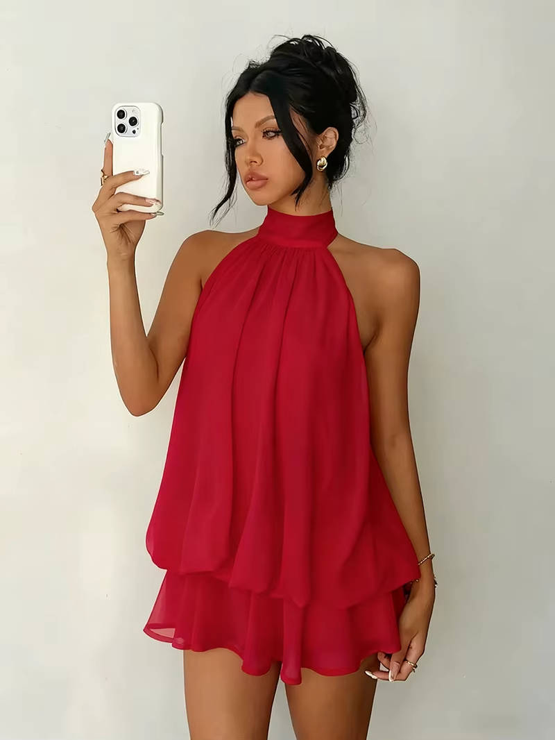 Sleeveless Chiffon Halter Mini Dress with Layered Ruffle Hem and Open Back