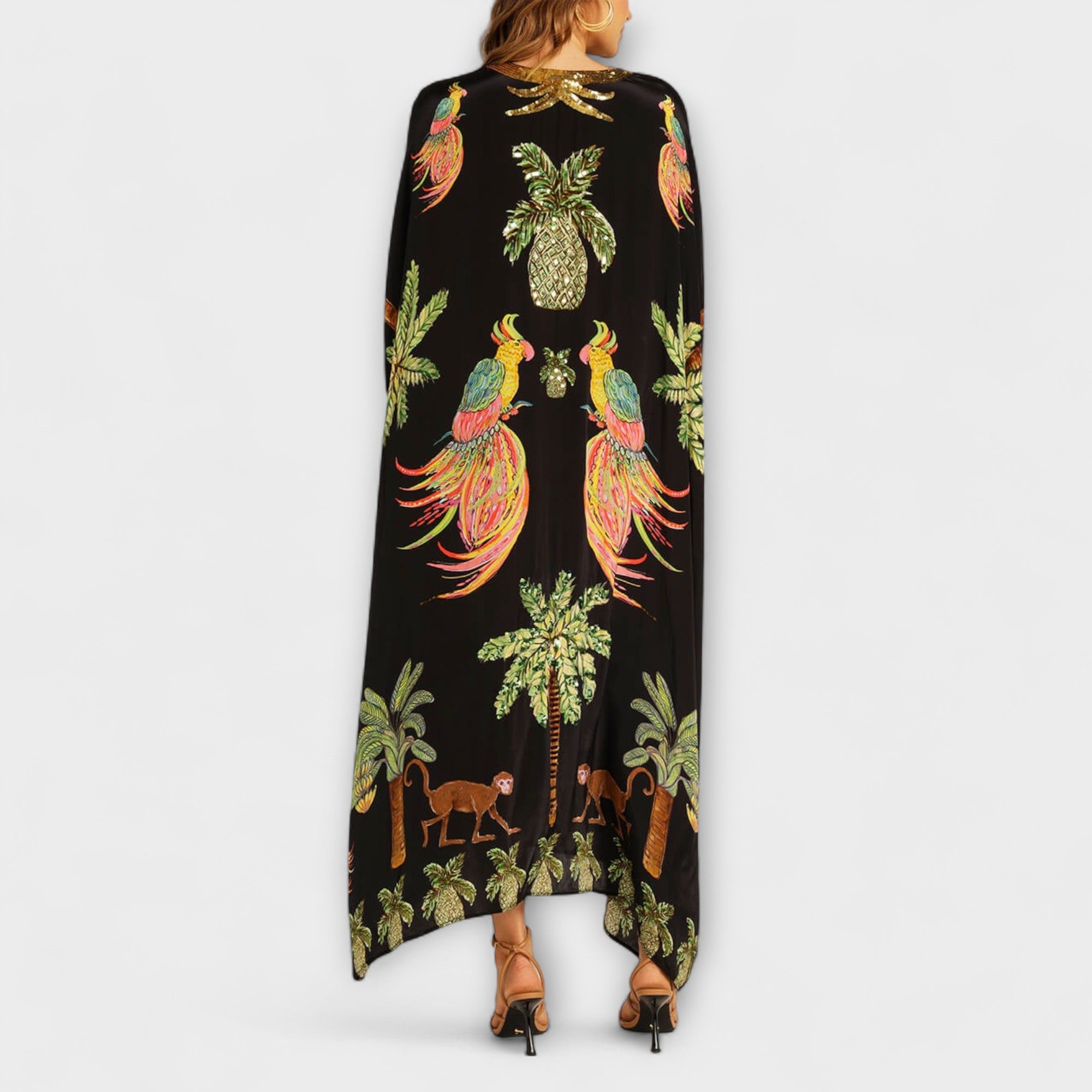 Women’s asymmetrical shoulder tropical print dress — loose fit vacation apparel