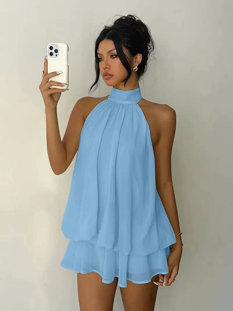 Sleeveless Chiffon Halter Mini Dress with Layered Ruffle Hem and Open Back