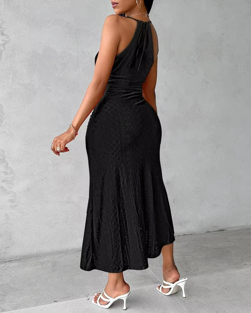 Halter Neck Hollow Out Maxi Dress Sleeveless A-Line Wedding Guest Gown with Slit