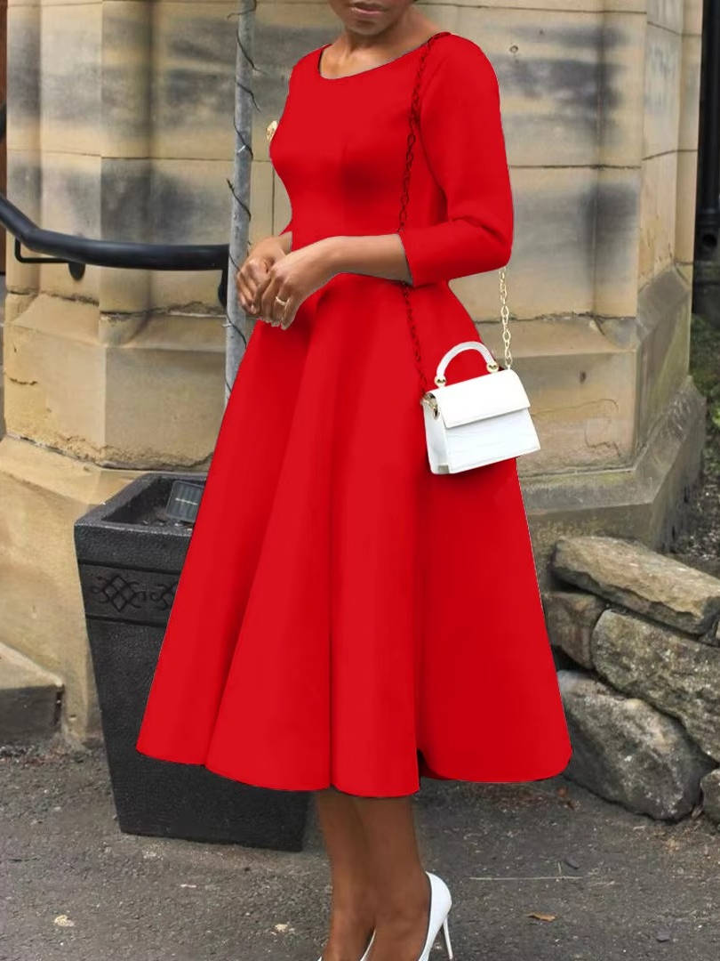 A-Line Midi Wedding Guest Dress Three Quarter Sleeve Round Neck Formal Flare Apparel