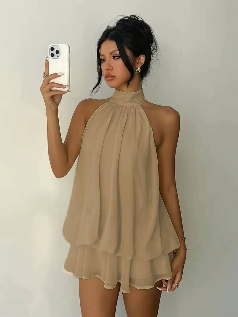 Sleeveless Chiffon Halter Mini Dress with Layered Ruffle Hem and Open Back