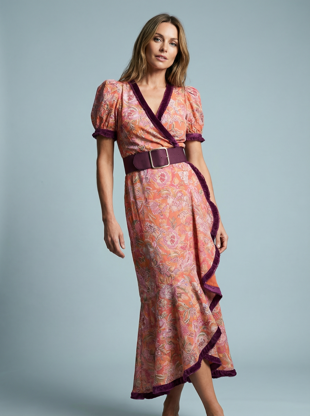 A-Line Midi Dress with Puff Short Sleeves Belted Waist and Flared Skirt