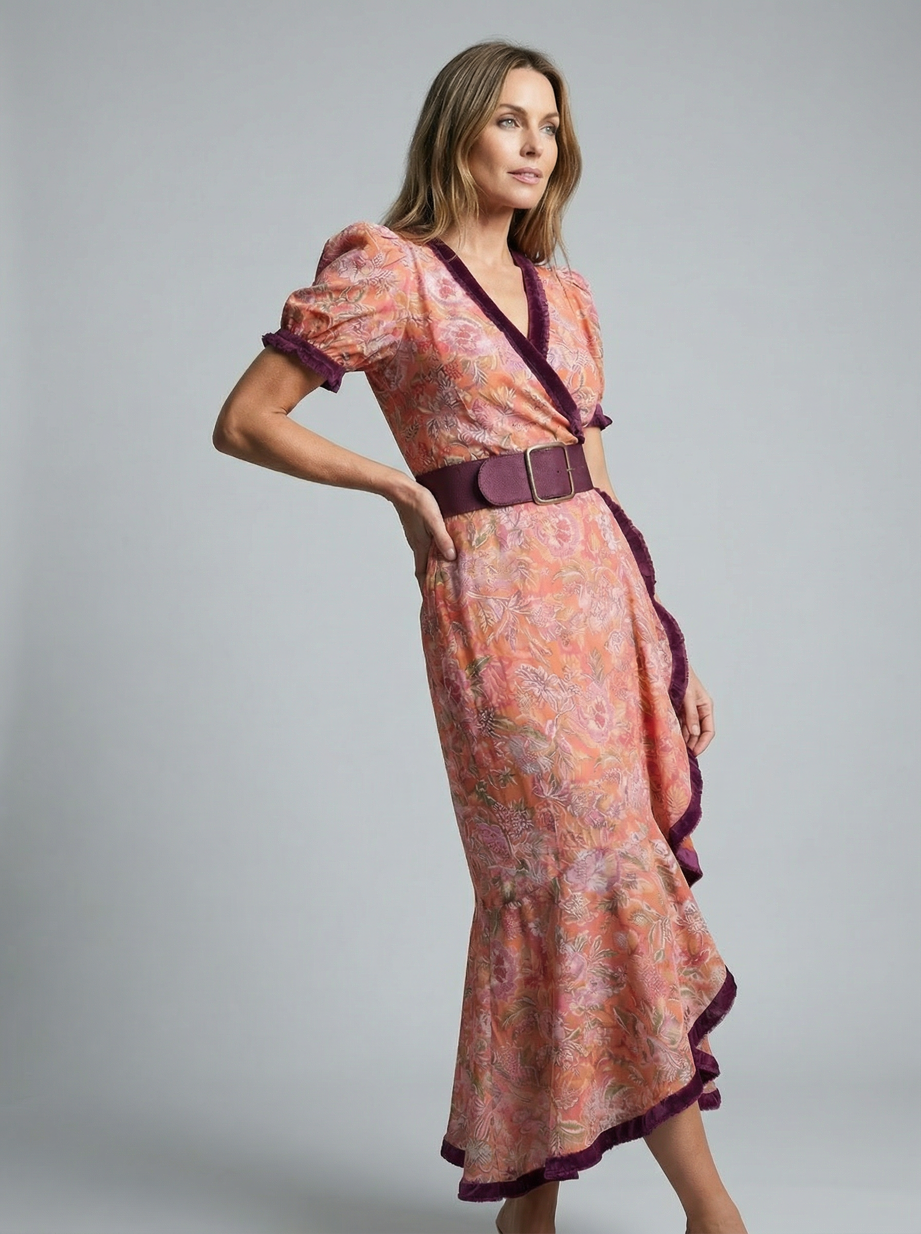 A-Line Midi Dress with Puff Short Sleeves Belted Waist and Flared Skirt