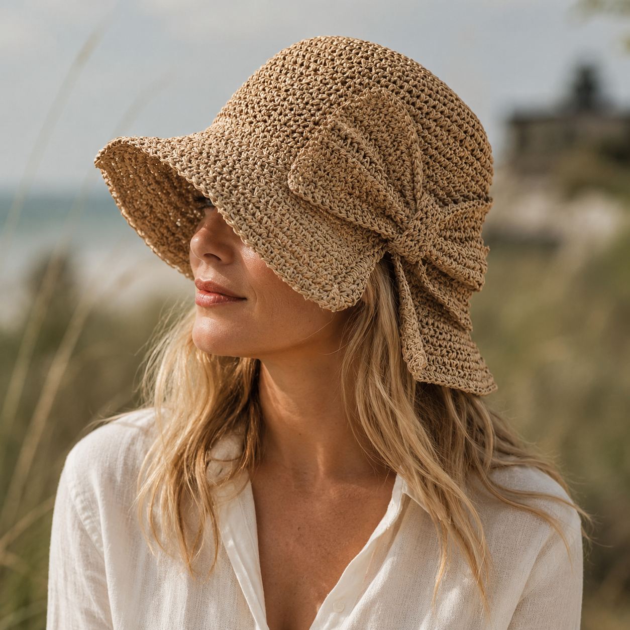 Women's wide brim hat bucket hat - woven straw with bow - beach protection