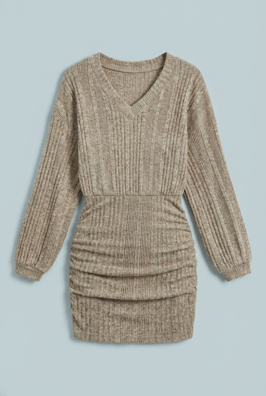V-Neck Ribbed Knit Mini Dress Long Sleeve Bodycon Ruched Skirt Sweater Dress