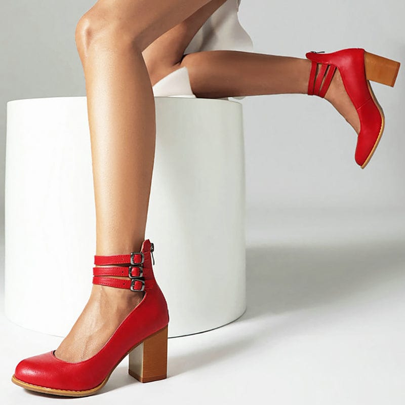 Triple Buckle Ankle Strap Block Heels