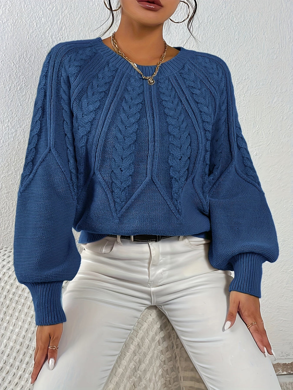 Women's Cable Knit Sweater with Relaxed Fit and Lantern Sleeves for Everyday Wear