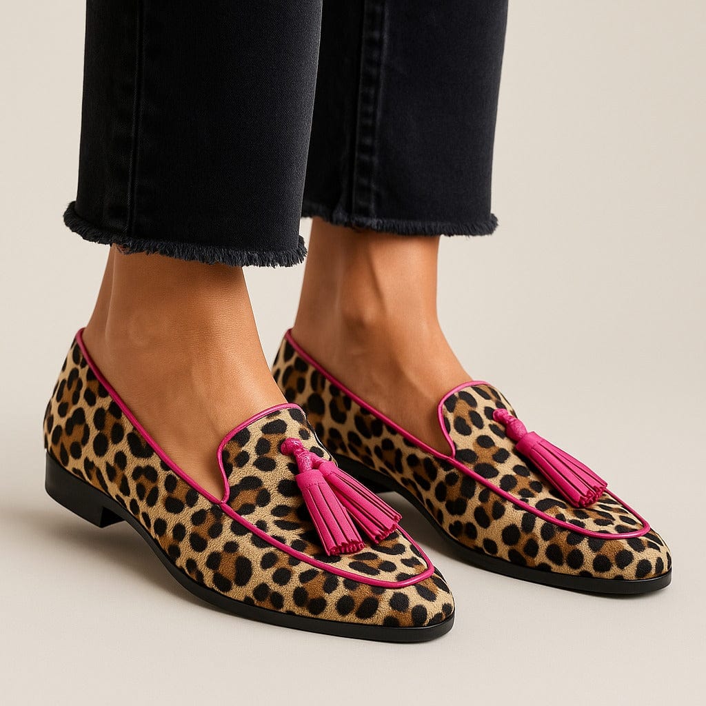 Women's flat shoes - printed animal motif loafers with fringe accents | casual