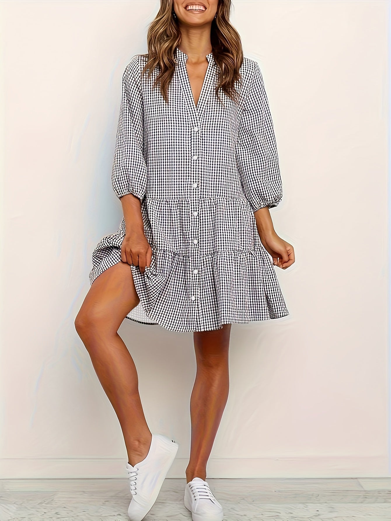 Cotton Gingham Tiered Mini Shirt Dress