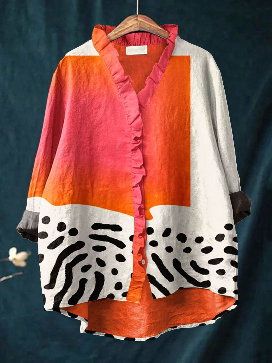 Women's casual blouse — button-up collar with abstract block pattern