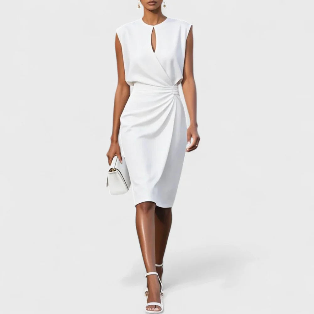 Sleeveless Midi Dress with Ruched Waist and Keyhole Neckline Stretch Cocktail Gown