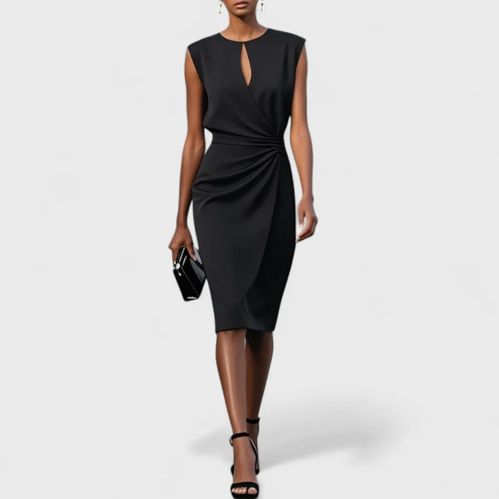 Sleeveless Midi Dress with Ruched Waist and Keyhole Neckline Stretch Cocktail Gown