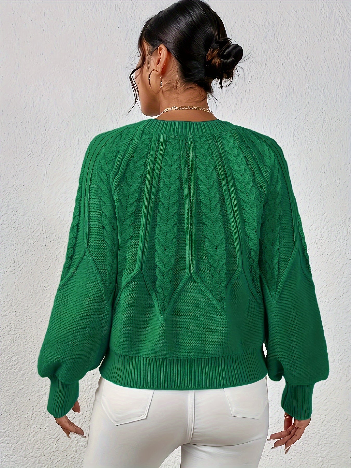 Women's Cable Knit Sweater with Relaxed Fit and Lantern Sleeves for Everyday Wear