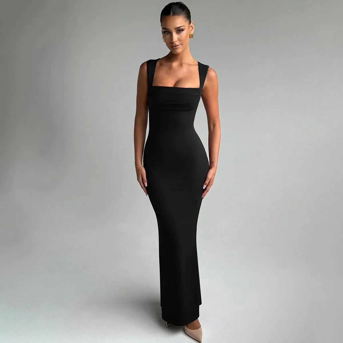 Square Neck Bodycon Maxi Dress with Draped Bodice and Scoop Back Evening Gown