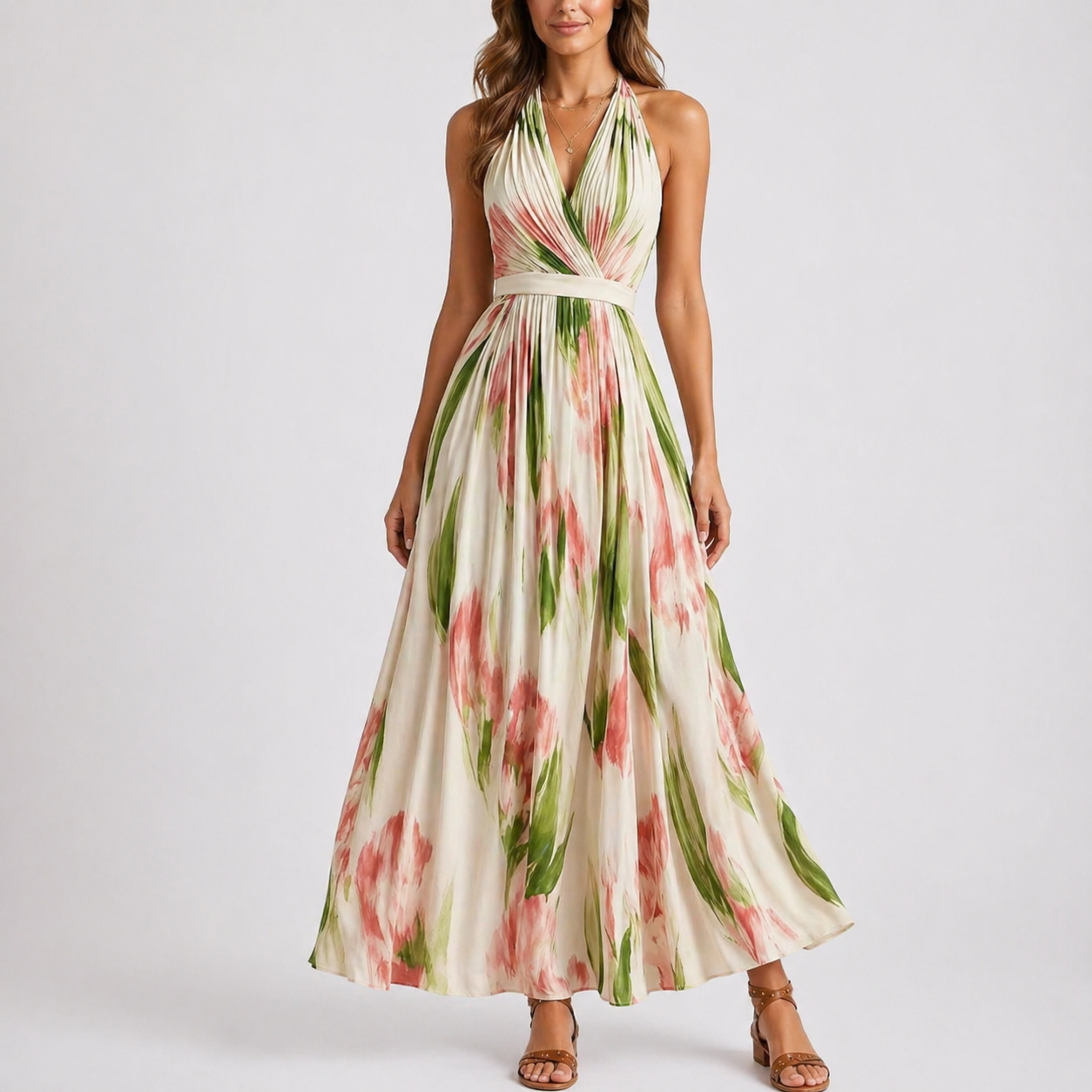 Halter Neck Floral Print Maxi Dress