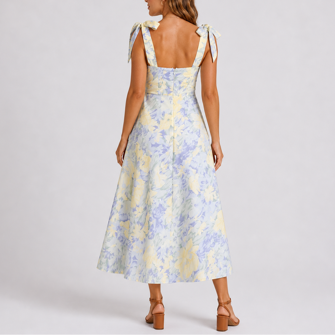 Ruched Bodice Tie-Shoulder Midi Dress