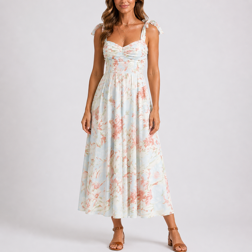 Ruched Bodice Tie-Shoulder Midi Dress