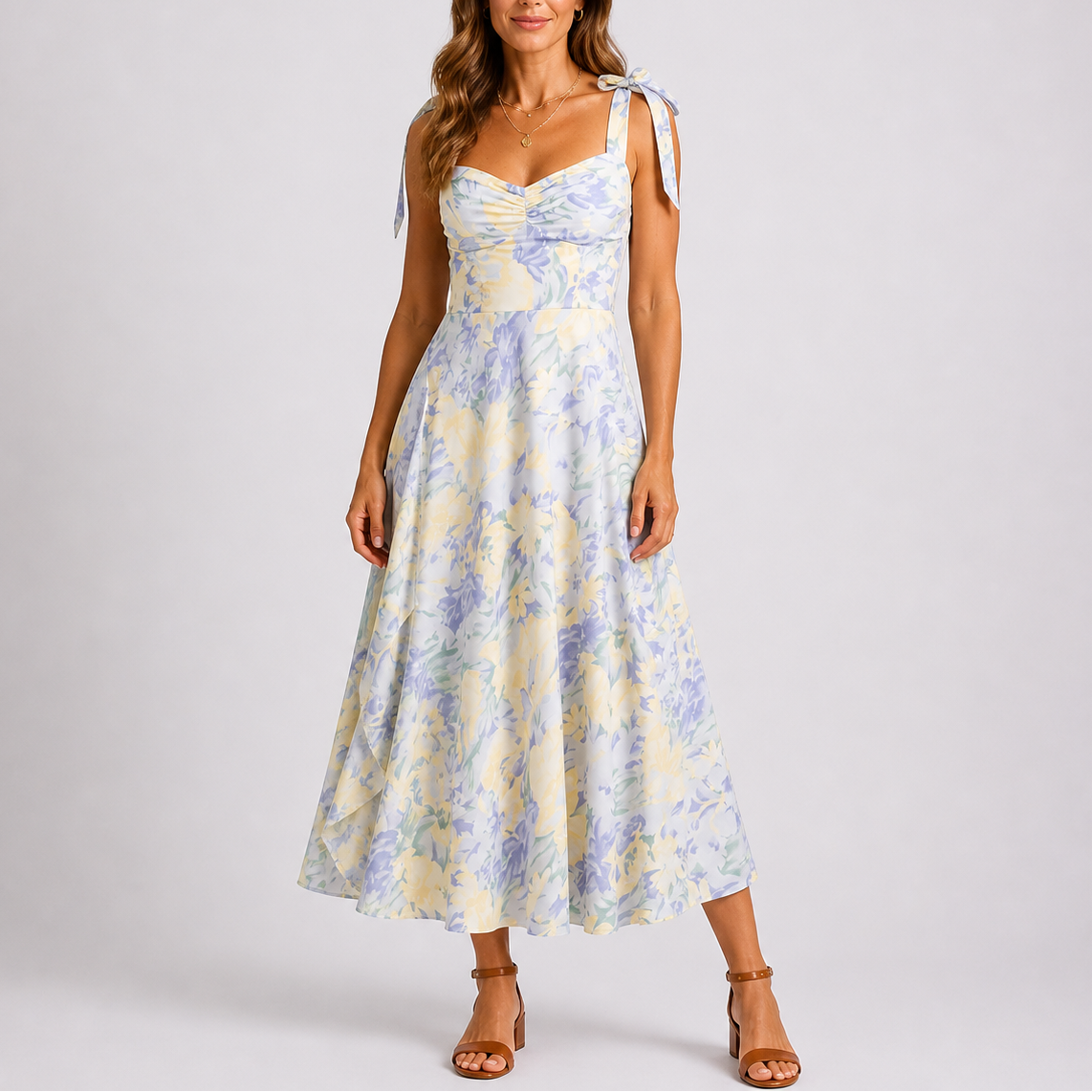 Ruched Bodice Tie-Shoulder Midi Dress