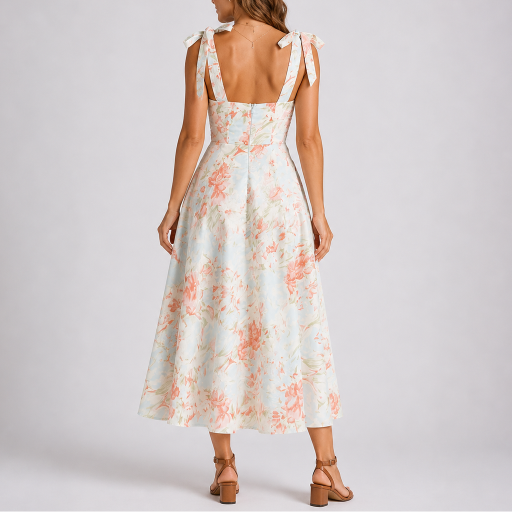 Ruched Bodice Tie-Shoulder Midi Dress