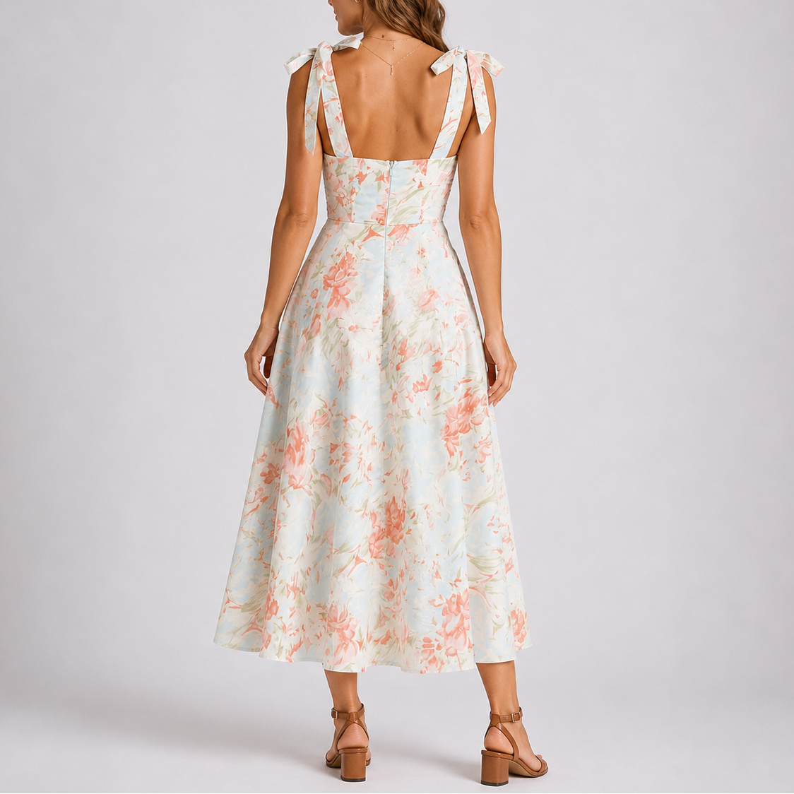 Ruched Bodice Tie-Shoulder Midi Dress
