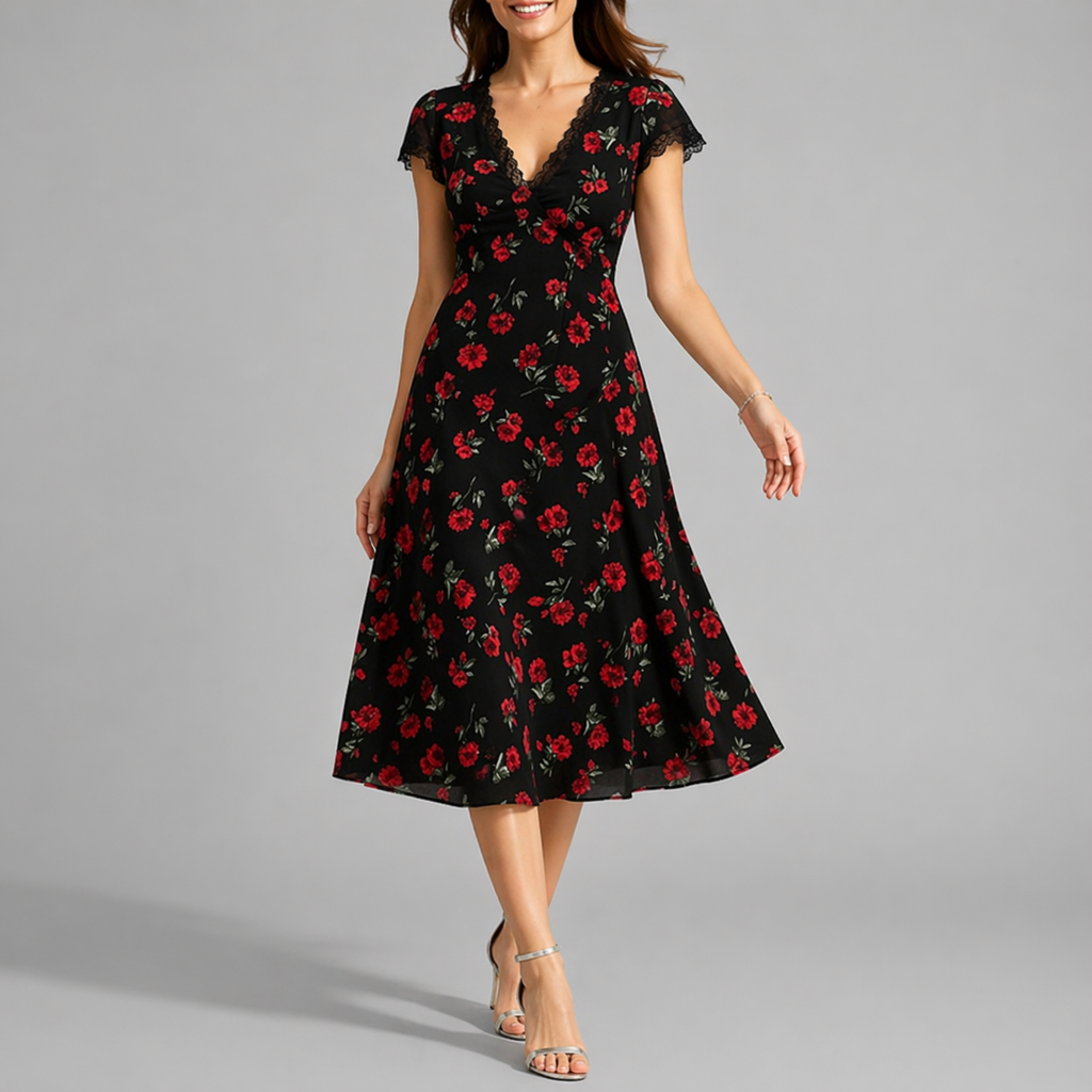 Floral Print V-Neck Midi Dresss