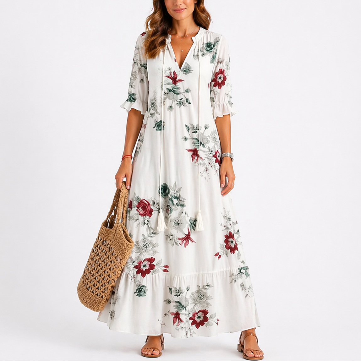 Floral Print V-Neck Midii Dress