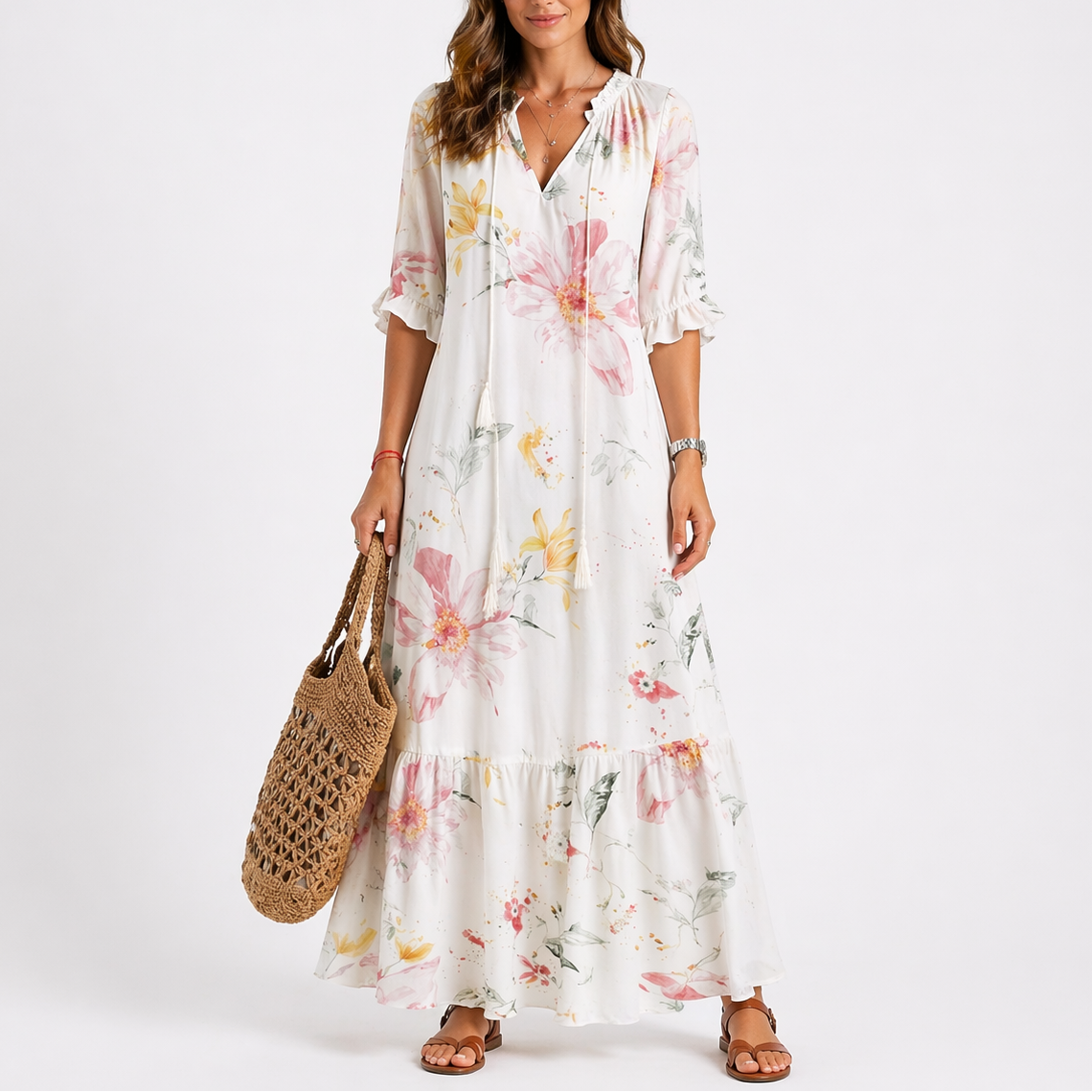 Floral Print V-Neck Midii Dress