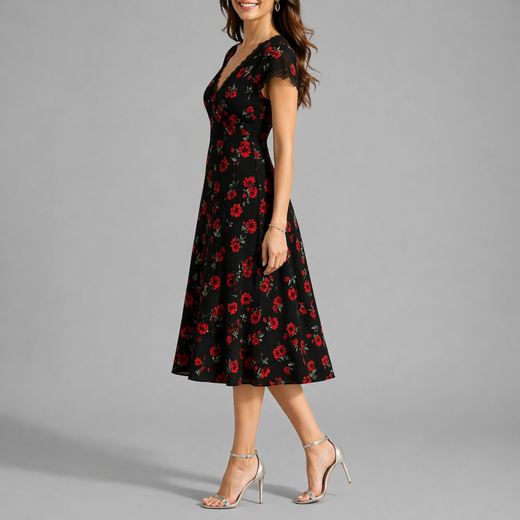 Floral Print V-Neck Midi Dresss