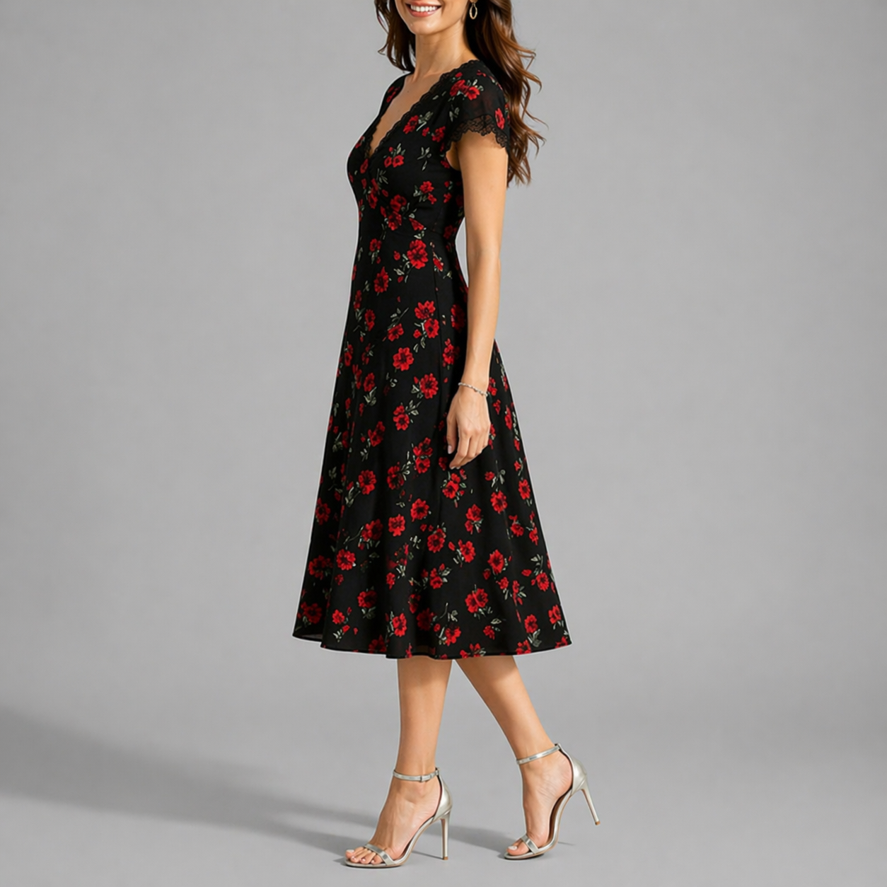 Floral Print V-Neck Midi Dresss