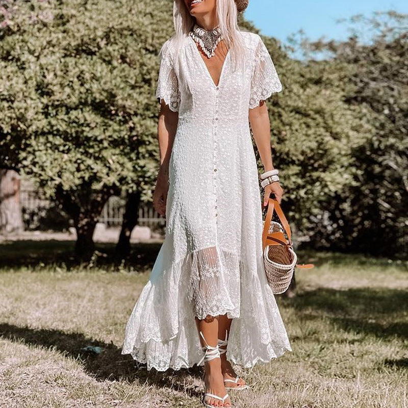 Lace Maxi Dress for Women with V-Neck and Button-Front Boho Detail