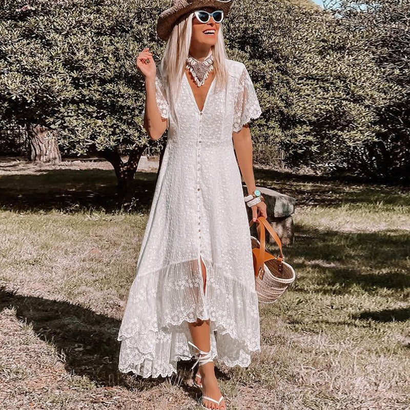 Lace Maxi Dress for Women with V-Neck and Button-Front Boho Detail