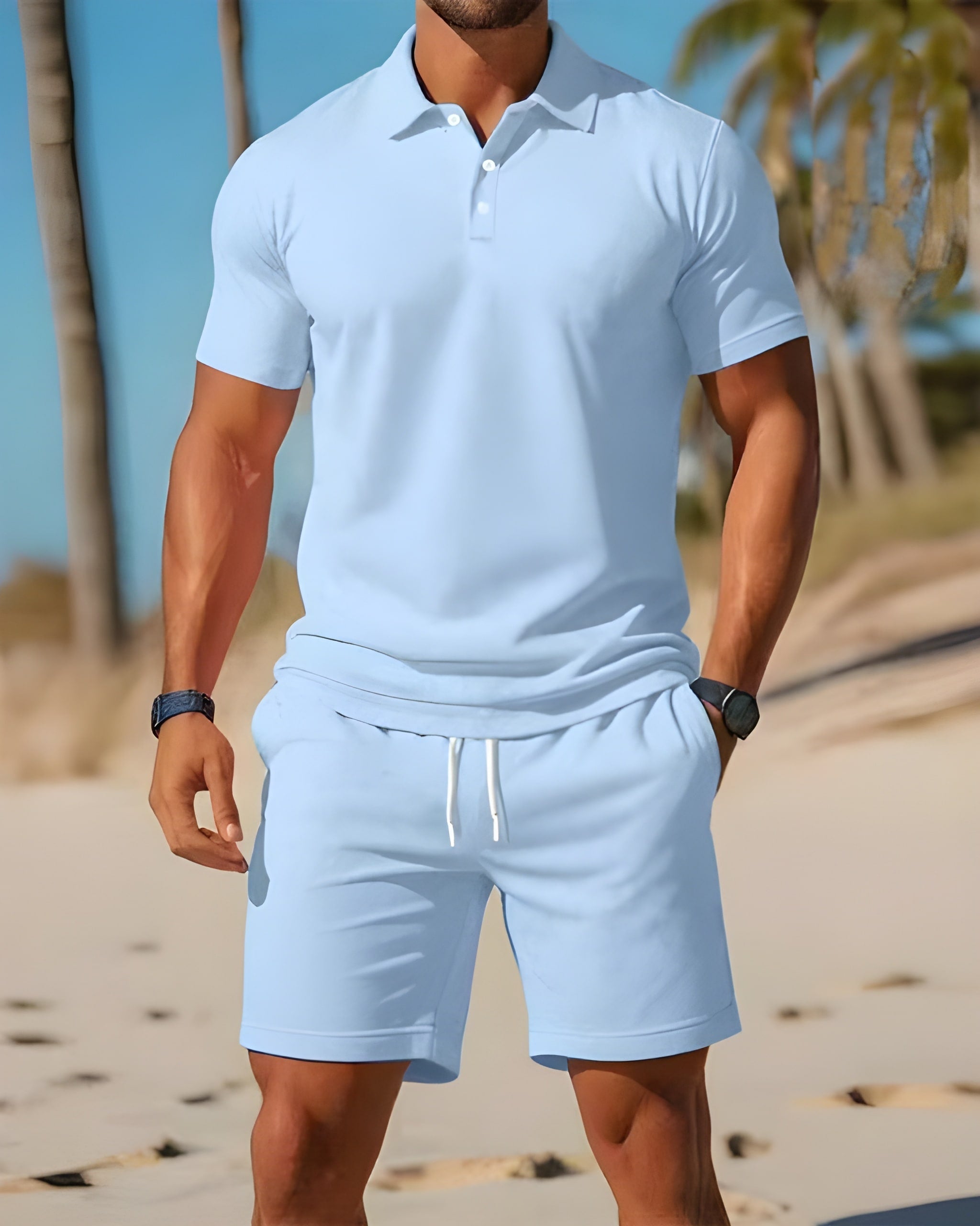 Men's short sleeve polo set — breathable shorts set — active outdoor leisure