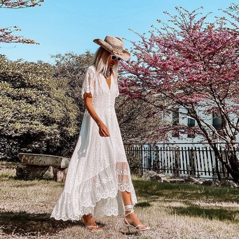 Lace Maxi Dress for Women with V-Neck and Button-Front Boho Detail