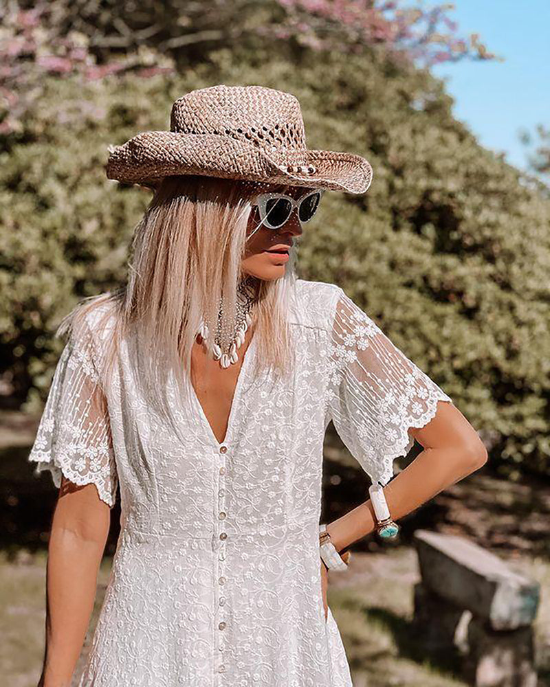Lace Maxi Dress for Women with V-Neck and Button-Front Boho Detail