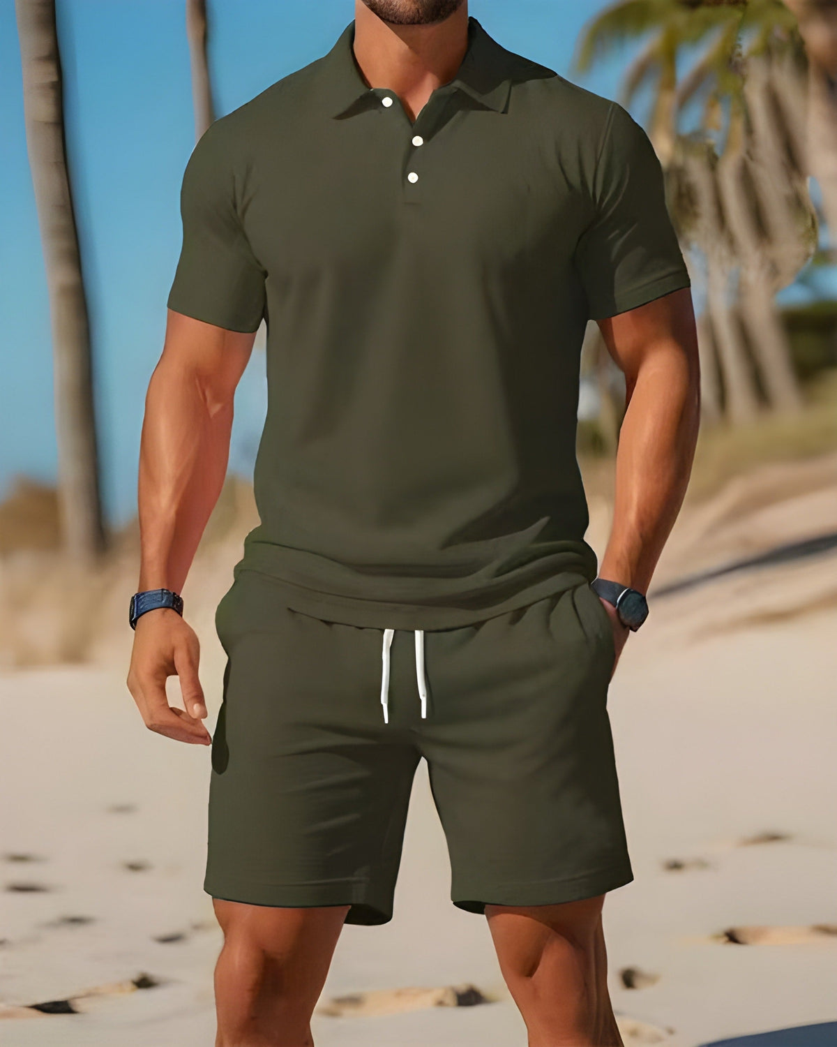 Men's short sleeve polo set — breathable shorts set — active outdoor leisure
