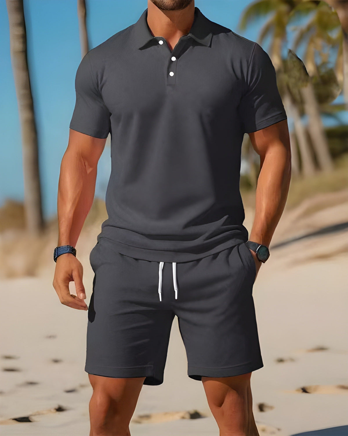 Men's short sleeve polo set — breathable shorts set — active outdoor leisure