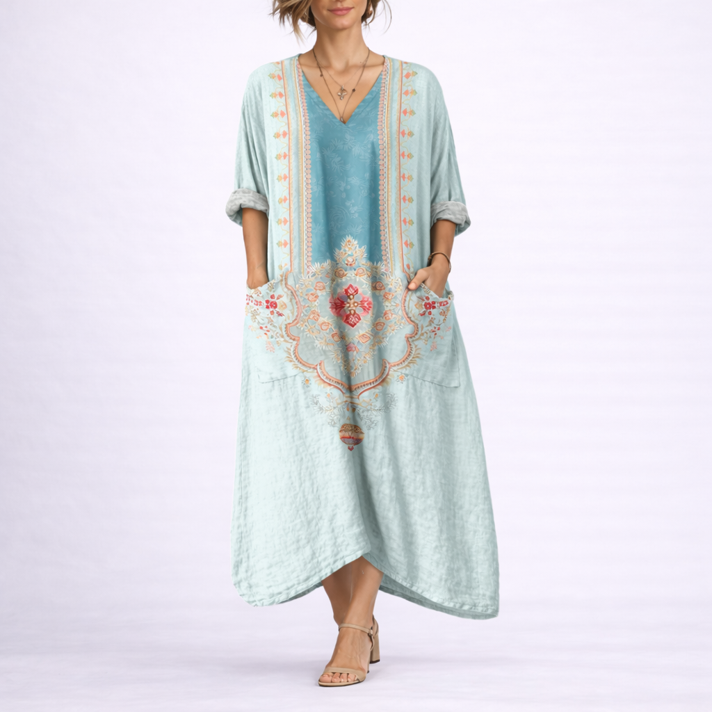 Printed V-Neck Maxi Kaftan Dress