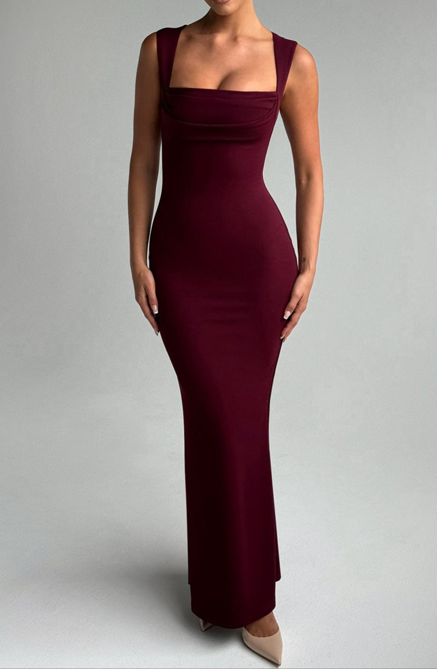 Square Neck Bodycon Maxi Dress with Draped Bodice and Scoop Back Evening Gown