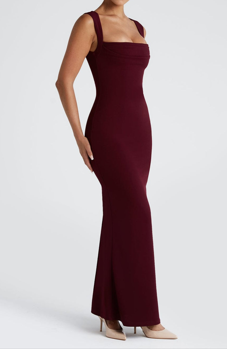 Square Neck Bodycon Maxi Dress with Draped Bodice and Scoop Back Evening Gown