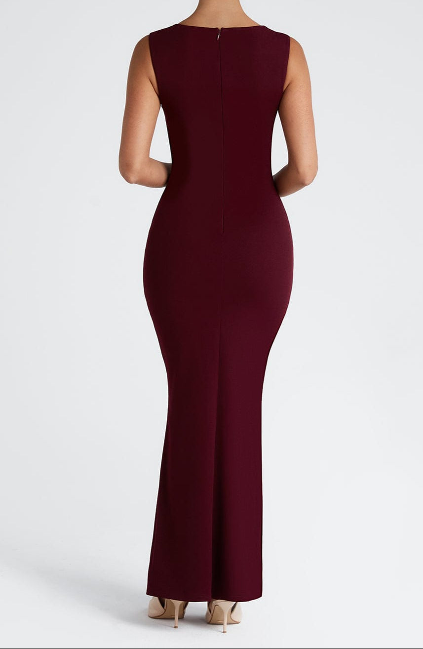 Square Neck Bodycon Maxi Dress with Draped Bodice and Scoop Back Evening Gown