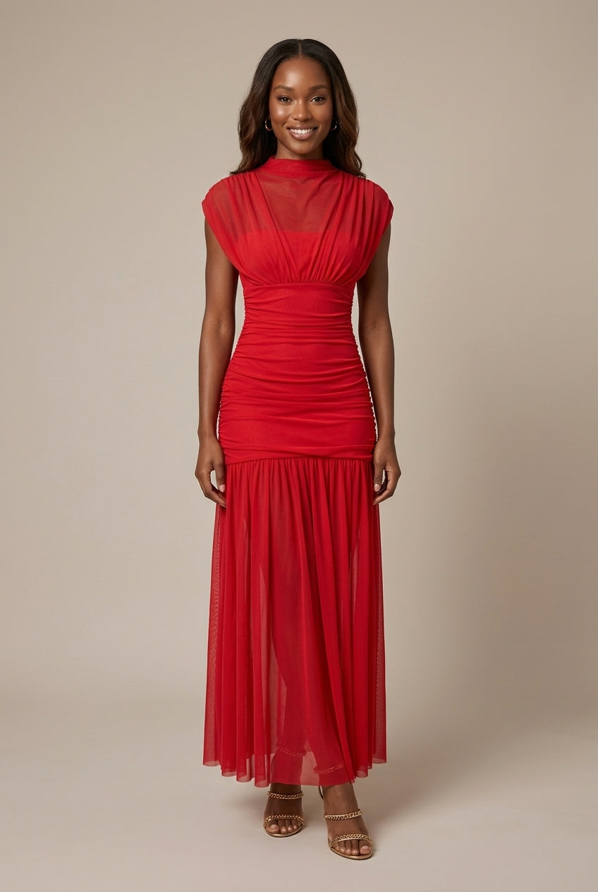 Mesh Drop Waist Maxi Dress Ruched High Neck Cap Sleeve Fitted Bodice Gown